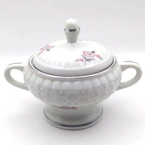 Hall China Forman Family Floral Sugar Bowl Lid Handles USA Vintage MCM Porcelain